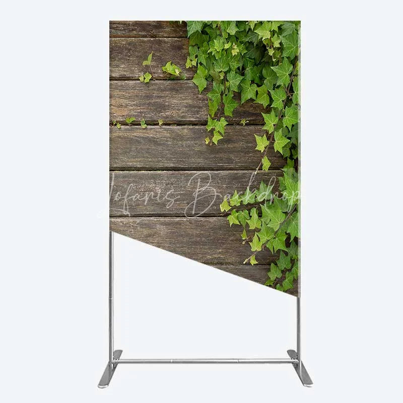Lofaris Rustic Wood Rectangle Backdrop Dark Brown Wooden Planks with Green Ivy Leaves Background Wedding and Garden Party Decor