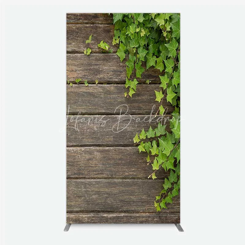 Lofaris Rustic Wood Rectangle Backdrop Dark Brown Wooden Planks with Green Ivy Leaves Background Wedding and Garden Party Decor