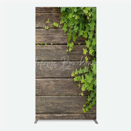 Lofaris Rustic Wood Rectangle Backdrop Dark Brown Wooden Planks with Green Ivy Leaves Background Wedding and Garden Party Decor
