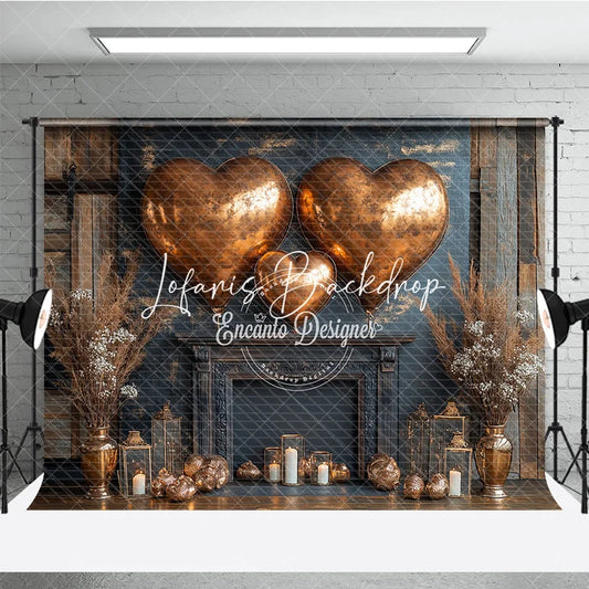 Lofaris Rustic Wood Wall Copper Heart Balloons Fireplace Photography Backdrop for Valentine’s Day Romantic Celebration