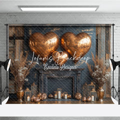 Lofaris Rustic Wood Wall Copper Heart Balloons Fireplace Photography Backdrop for Valentine’s Day Romantic Celebration
