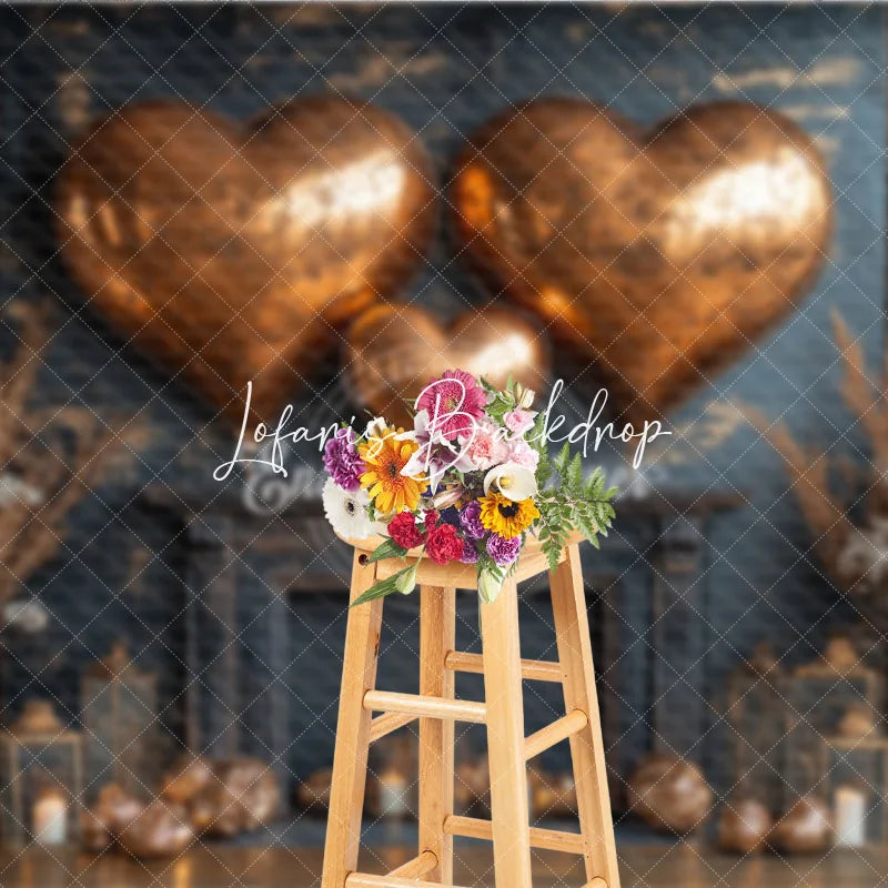 Lofaris Rustic Wood Wall Copper Heart Balloons Fireplace Photography Backdrop for Valentine’s Day Romantic Celebration