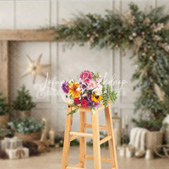 Lofaris Rustic Wooden Arch Christmas Garland Photography Backdrop Elegant Winter Holiday Decor with Pine Trees and Gifts