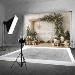 Lofaris Rustic Wooden Arch Christmas Garland Photography Backdrop Elegant Winter Holiday Decor with Pine Trees and Gifts