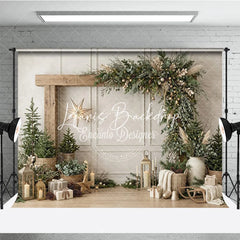 Lofaris Rustic Wooden Arch Christmas Garland Photography Backdrop Elegant Winter Holiday Decor with Pine Trees and Gifts