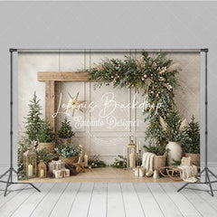 Lofaris Rustic Wooden Arch Christmas Garland Photography Backdrop Elegant Winter Holiday Decor with Pine Trees and Gifts