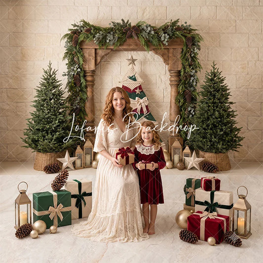 Lofaris Rustic Wooden Arch Christmas Trees Macrame Combo Set Backdrop Festive Holiday Decor