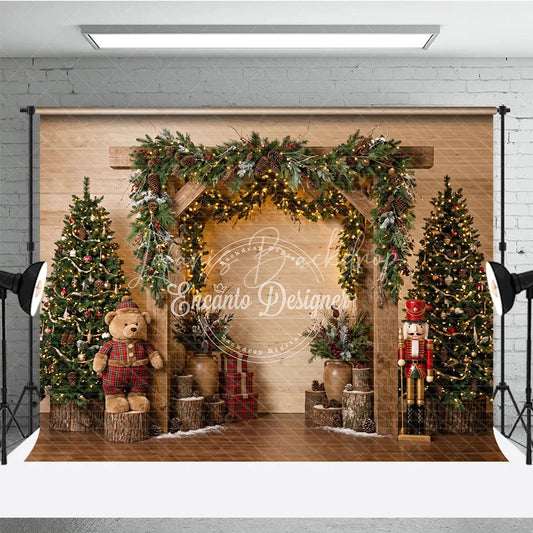 Lofaris Rustic Wooden Arch Holiday Backdrop with Decorated Christmas Trees Twinkling Lights Teddy Bear and Nutcracker Decor.