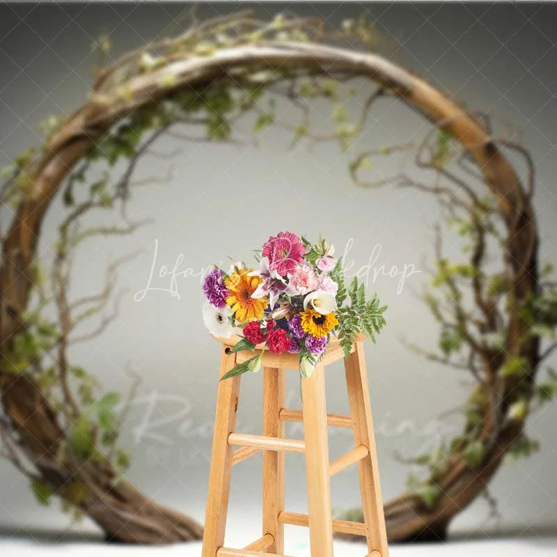 Lofaris Rustic Wooden Arch Photography Backdrop Round Twig Greenery Wedding Photo Background Simple Boho Ring Booth Prop