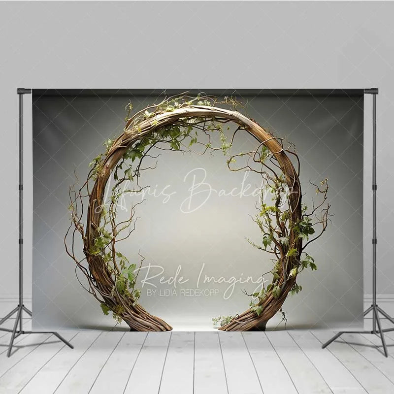 Lofaris Rustic Wooden Arch Photography Backdrop Round Twig Greenery Wedding Photo Background Simple Boho Ring Booth Prop