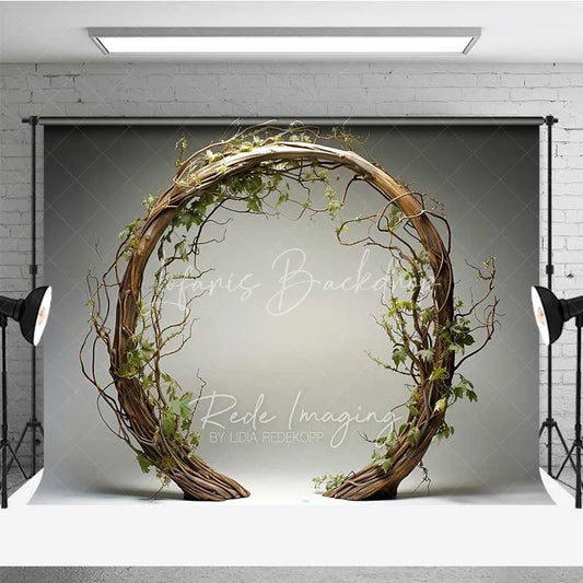 Lofaris Rustic Wooden Arch Photography Backdrop Round Twig Greenery Wedding Photo Background Simple Boho Ring Booth Prop
