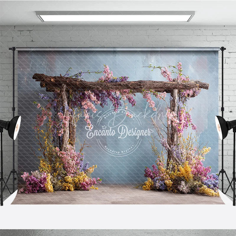 Lofaris Rustic Wooden Arch Photography Backdrop with Spring Flowers Fine Art Painterly Enchanted Garden Background