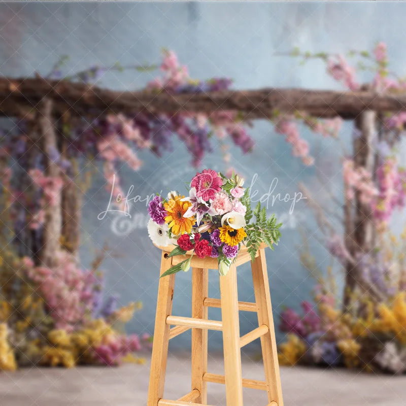 Lofaris Rustic Wooden Arch Photography Backdrop with Spring Flowers Fine Art Painterly Enchanted Garden Background
