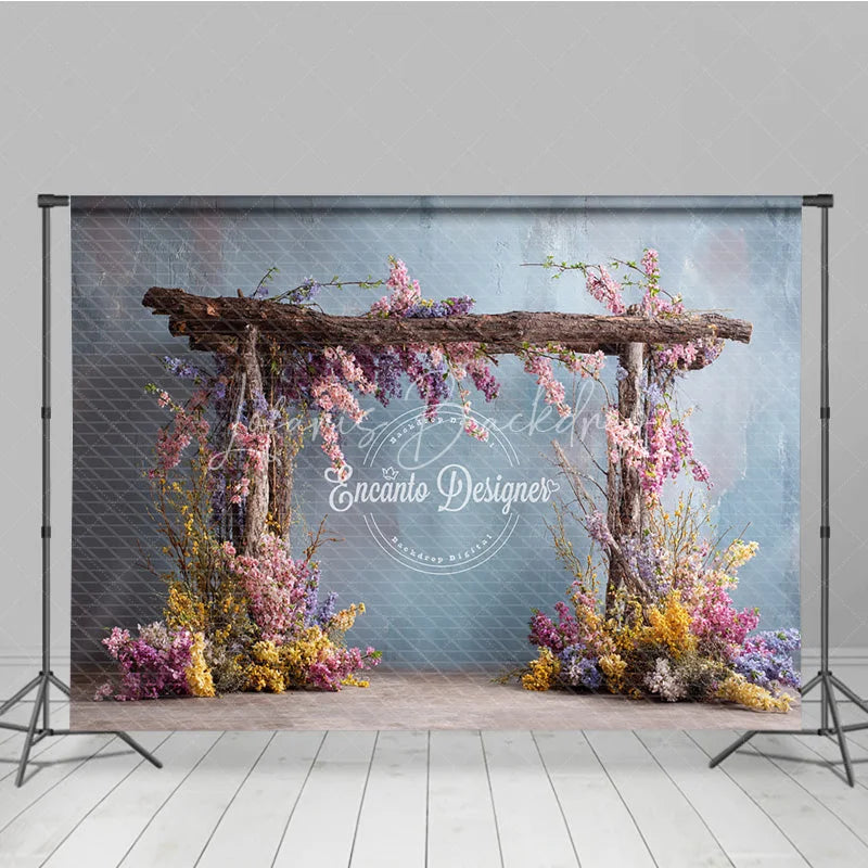 Lofaris Rustic Wooden Arch Photography Backdrop with Spring Flowers Fine Art Painterly Enchanted Garden Background