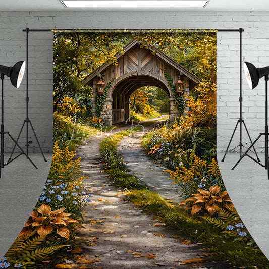 Lofaris Rustic Wooden Archway Autumn Forest Sweep Backdrop Enchanting Winding Path and Golden Wildflowers Photography