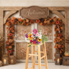 Lofaris Rustic Wooden Archway Autumn Photography Backdrop with Double Doors Fall Leaves and Pumpkins Decor