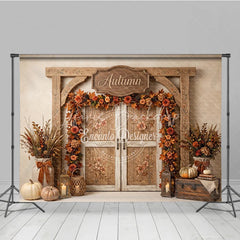 Lofaris Rustic Wooden Archway Autumn Photography Backdrop with Double Doors Fall Leaves and Pumpkins Decor