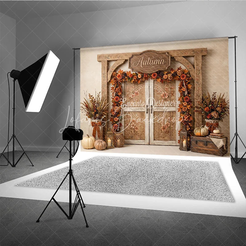 Lofaris Rustic Wooden Archway Autumn Photography Backdrop with Double Doors Fall Leaves and Pumpkins Decor