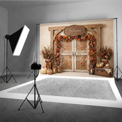 Lofaris Rustic Wooden Archway Autumn Photography Backdrop with Double Doors Fall Leaves and Pumpkins Decor