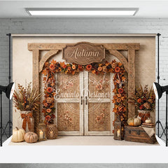 Lofaris Rustic Wooden Archway Autumn Photography Backdrop with Double Doors Fall Leaves and Pumpkins Decor