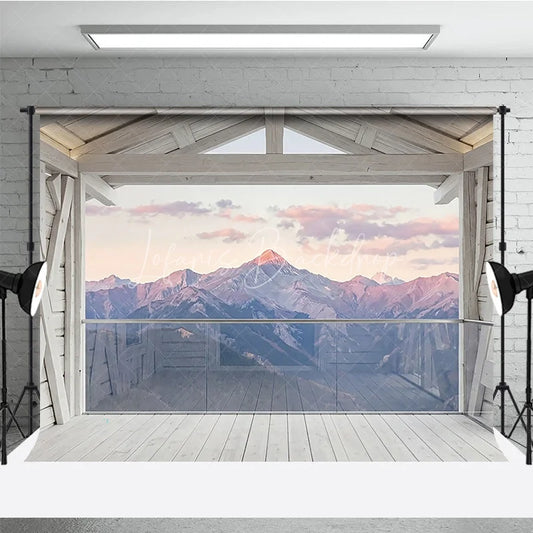 Lofaris Rustic Wooden Balcony and Mountain Range Photography Backdrop Serene Sunset Sky View for Professional Studio