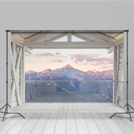 Lofaris Rustic Wooden Balcony and Mountain Range Photography Backdrop Serene Sunset Sky View for Professional Studio