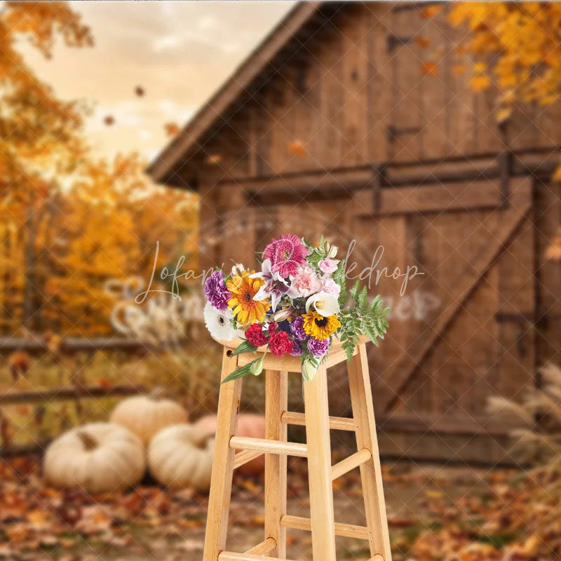 Lofaris Rustic Wooden Barn and Pumpkins Autumn Photography Backdrop Golden Fall Leaves Harvest Photo Shoot Decor