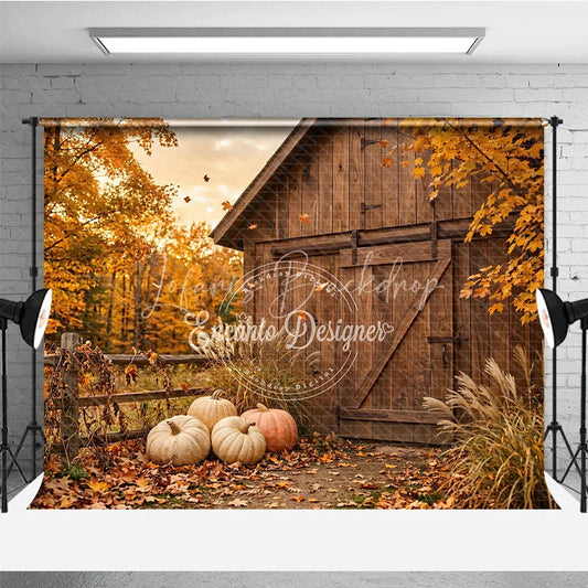 Lofaris Rustic Wooden Barn and Pumpkins Autumn Photography Backdrop Golden Fall Leaves Harvest Photo Shoot Decor