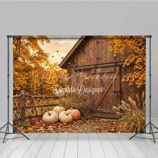 Lofaris Rustic Wooden Barn and Pumpkins Autumn Photography Backdrop Golden Fall Leaves Harvest Photo Shoot Decor