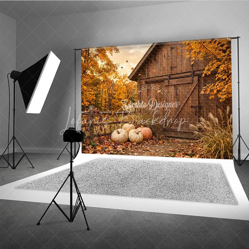Lofaris Rustic Wooden Barn and Pumpkins Autumn Photography Backdrop Golden Fall Leaves Harvest Photo Shoot Decor