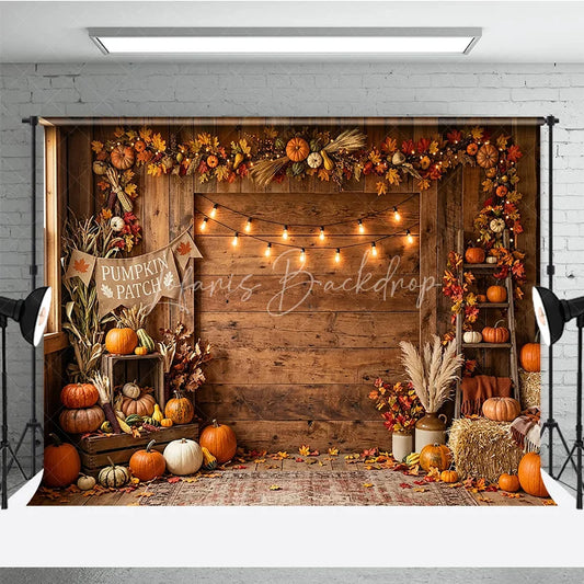 Lofaris Rustic Wooden Barn Autumn Pumpkin Patch Photography Backdrop with String Lights Fall Harvest Decor