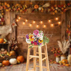 Lofaris Rustic Wooden Barn Autumn Pumpkin Patch Photography Backdrop with String Lights Fall Harvest Decor