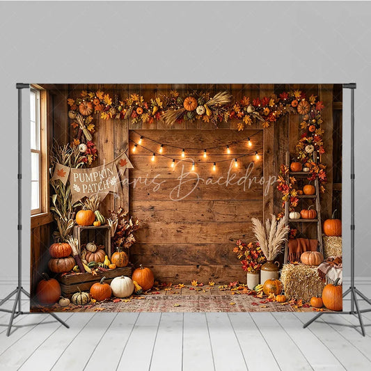 Lofaris Rustic Wooden Barn Autumn Pumpkin Patch Photography Backdrop with String Lights Fall Harvest Decor