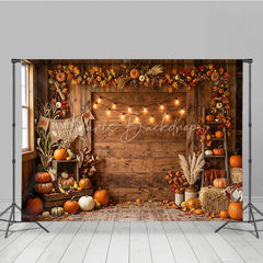 Lofaris Rustic Wooden Barn Autumn Pumpkin Patch Photography Backdrop with String Lights Fall Harvest Decor