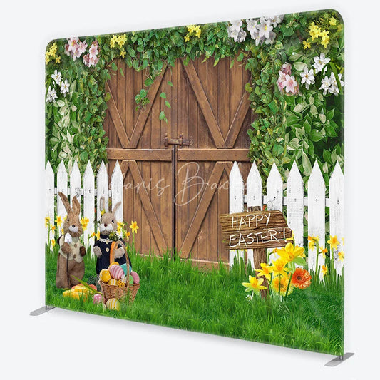 Lofaris Rustic Wooden Barn Door and Picket Fence Square Double-Sided Backdrop Happy Easter Bunnies Colorful Eggs