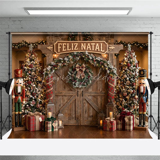 Lofaris Rustic Wooden Barn Door Holiday Backdrop with Christmas Trees Nutcrackers and Feliz Natal Sign for Festive Parties