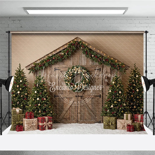Lofaris Rustic Wooden Barn Door Holiday Backdrop with Christmas Trees Wreath Garland and Gifts Winter Festive Decor