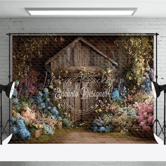 Lofaris Rustic Wooden Barn Door Photography Backdrop Enchanted Garden with Colorful Floral and Lush Greenery