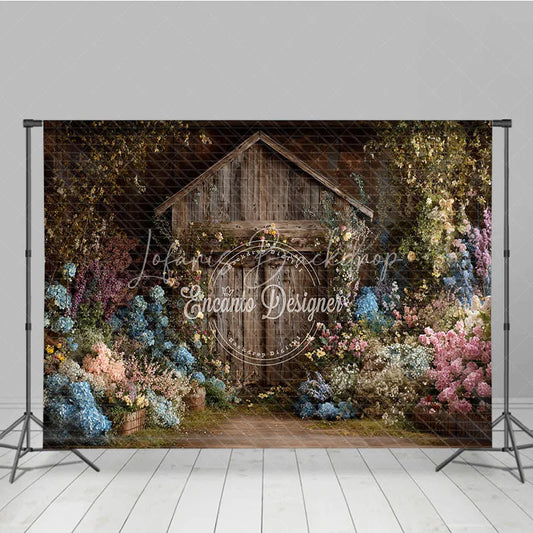 Lofaris Rustic Wooden Barn Door Photography Backdrop Enchanted Garden with Colorful Floral and Lush Greenery