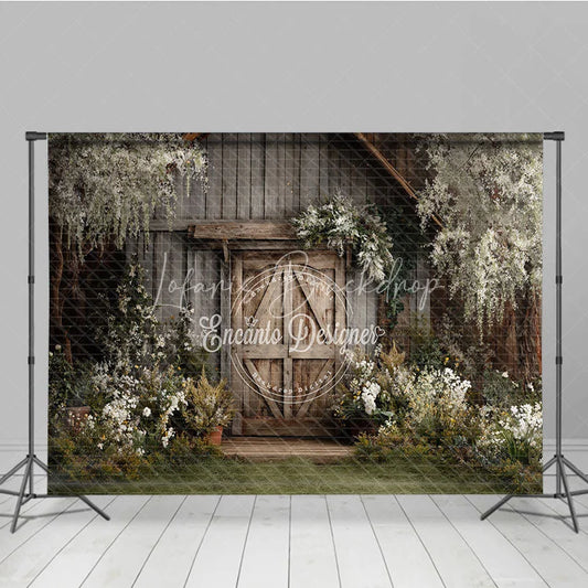 Lofaris Rustic Wooden Barn Door Photography Backdrop with Lush Greenery and White Flowers Enchanting Garden Scene