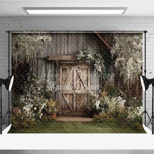 Lofaris Rustic Wooden Barn Door Photography Backdrop with Lush Greenery and White Flowers Enchanting Garden Scene