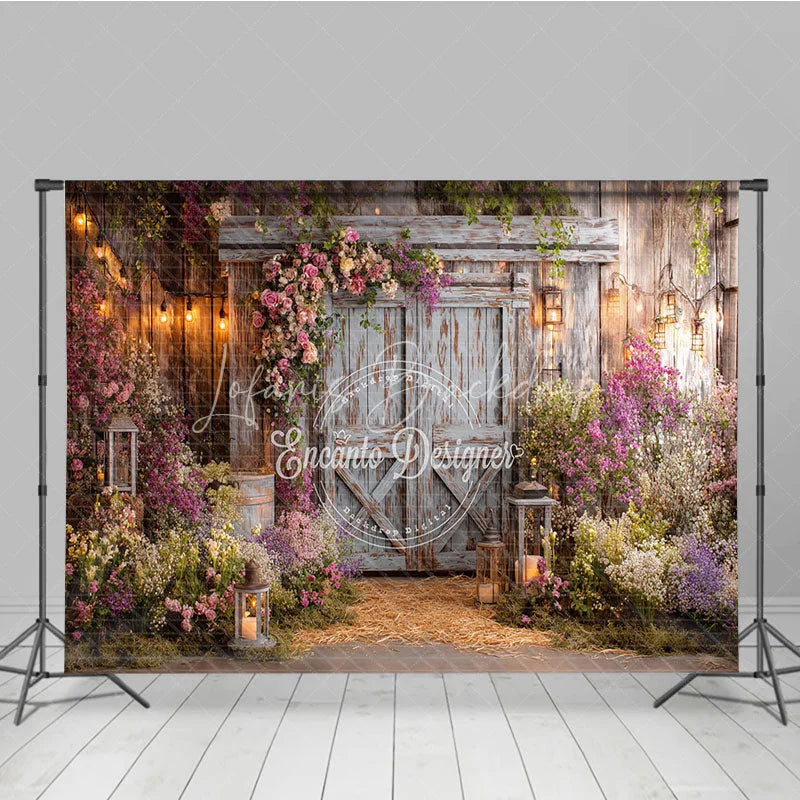 Lofaris Rustic Wooden Barn Door Photography Backdrop with Pink and Purple Floral Arrangements Enchanted Garden String Lights