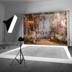 Lofaris Rustic Wooden Barn Door Photography Backdrop with Pink and Purple Floral Arrangements Enchanted Garden String Lights