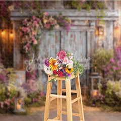Lofaris Rustic Wooden Barn Door Photography Backdrop with Pink and Purple Floral Arrangements Enchanted Garden String Lights