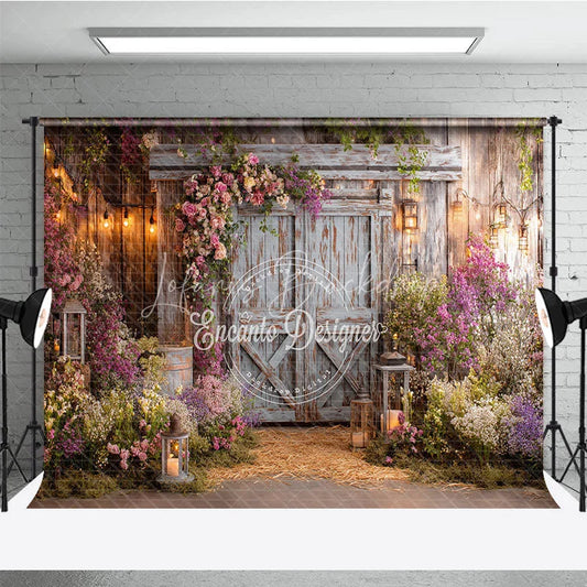 Lofaris Rustic Wooden Barn Door Photography Backdrop with Pink and Purple Floral Arrangements Enchanted Garden String Lights