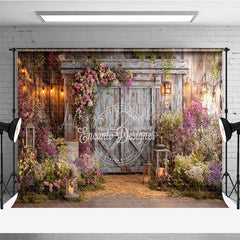 Lofaris Rustic Wooden Barn Door Photography Backdrop with Pink and Purple Floral Arrangements Enchanted Garden String Lights