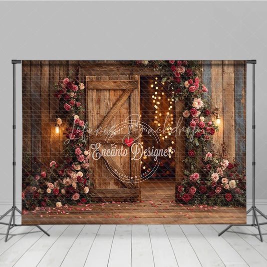 Lofaris Rustic Wooden Barn Door Photography Backdrop with Pink and Red Roses Romantic Floral Garland String Lights