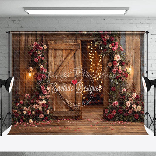 Lofaris Rustic Wooden Barn Door Photography Backdrop with Pink and Red Roses Romantic Floral Garland String Lights