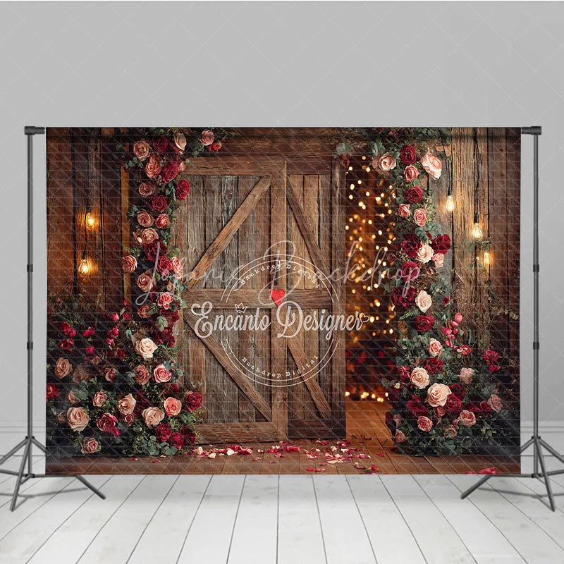 Lofaris Rustic Wooden Barn Door Photography Backdrop with Red and Pink Roses Warm String Lights for Romantic Valentine’s Day