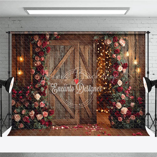 Lofaris Rustic Wooden Barn Door Photography Backdrop with Red and Pink Roses Warm String Lights for Romantic Valentine’s Day